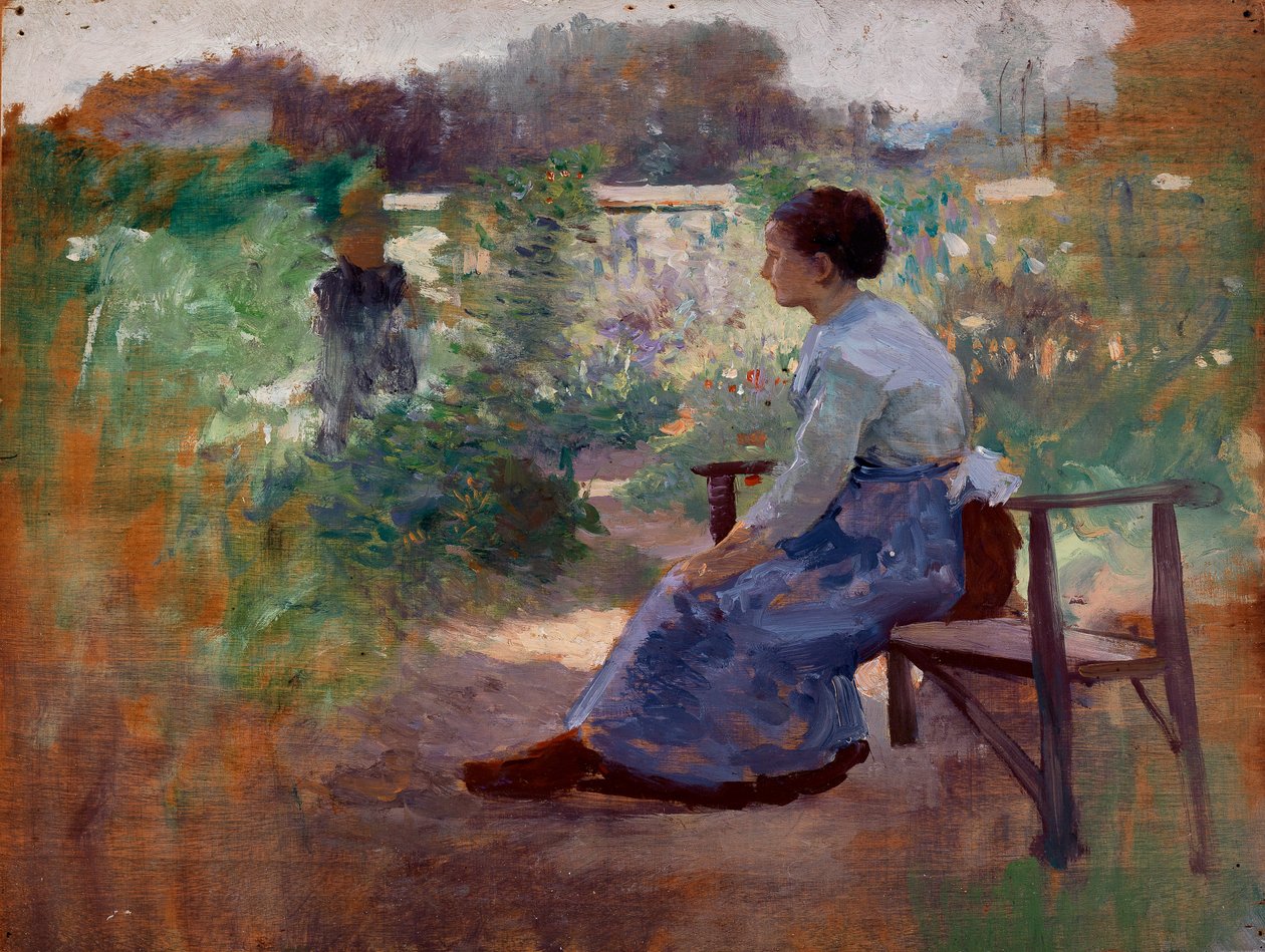 Kvinna som sitter i en trädgård, sent 1800-tidigt 1900-tal. av Eliphalet Frazer Andrews