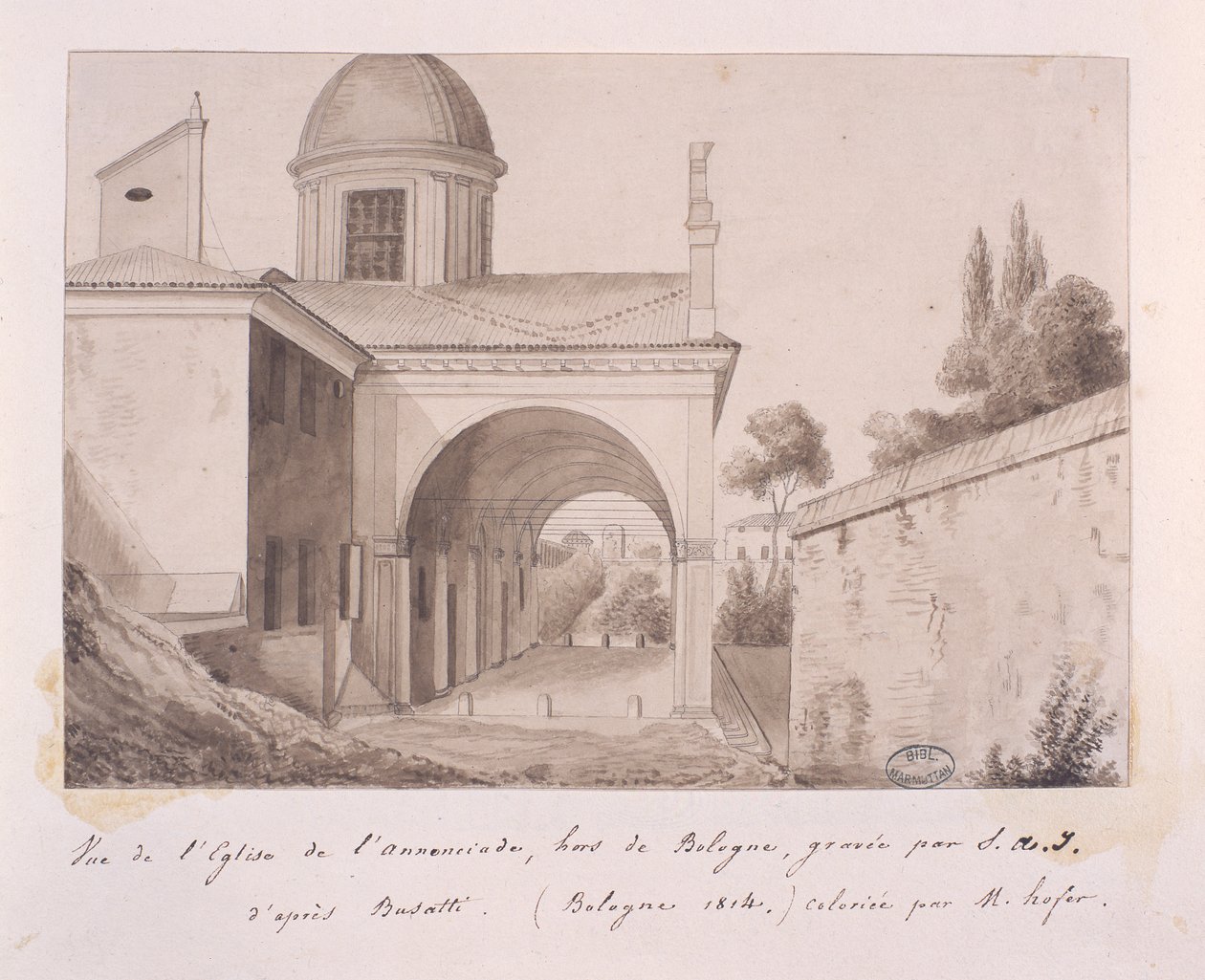 Utsikt över bebådelsekyrkan, Bologna, efter Busatti, 1814 av Elisa Bonaparte