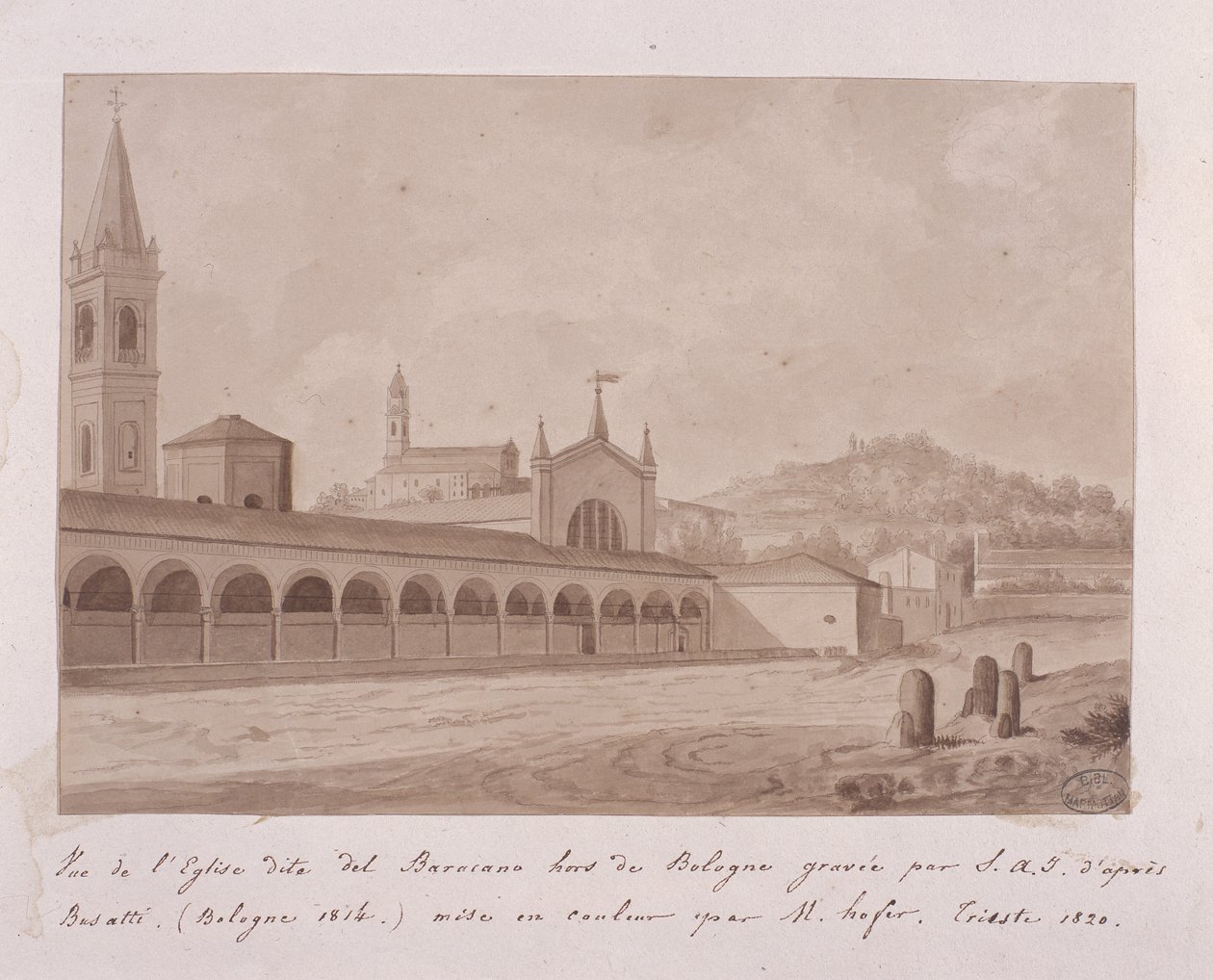 Utsikt över kyrkan Baracano, Bologna, efter Basatti, 1814 (gravyr förstärkt med wc på papper) av Elisa Bonaparte