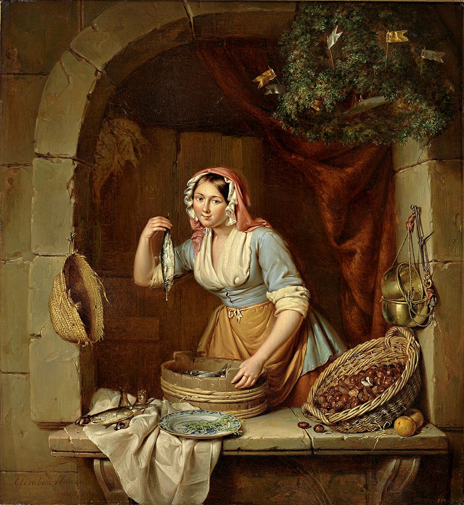 Young pretty market woman selling herring and chestnuts av Elisabeth Alida Haanen