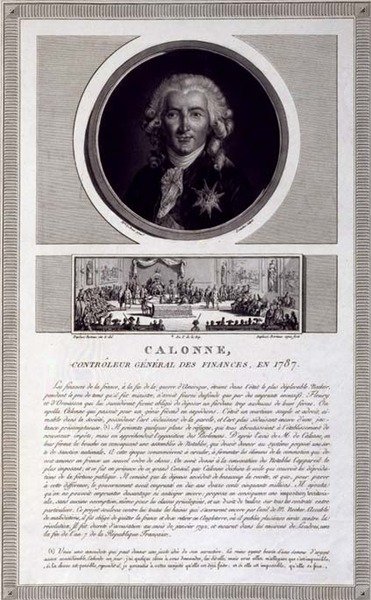 Calonne, ekonomichef, 1787, porträtt graverat av Charles Levachez (fl.1760-1820), med en scen av notabelns församling av Jean Duplessis-Bertaux (1747-1819), ca 1803 (gravyr) av Elisabeth Louise (after) Vigee Lebrun