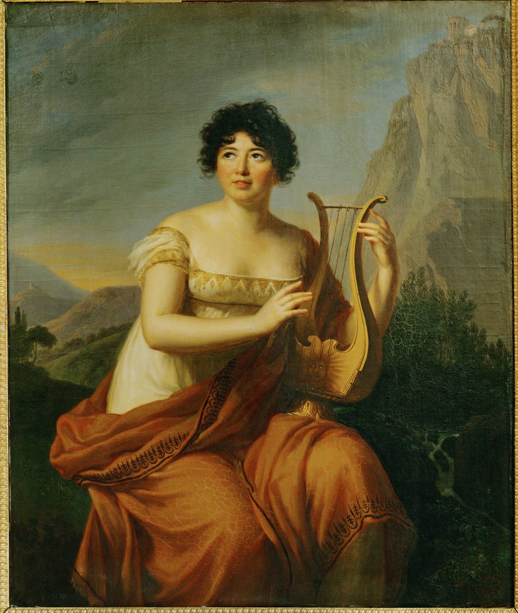 Porträtt av Germaine Necker, Mme de Stael ... (olja på trä) av Elisabeth Louise Vigee-Lebrun