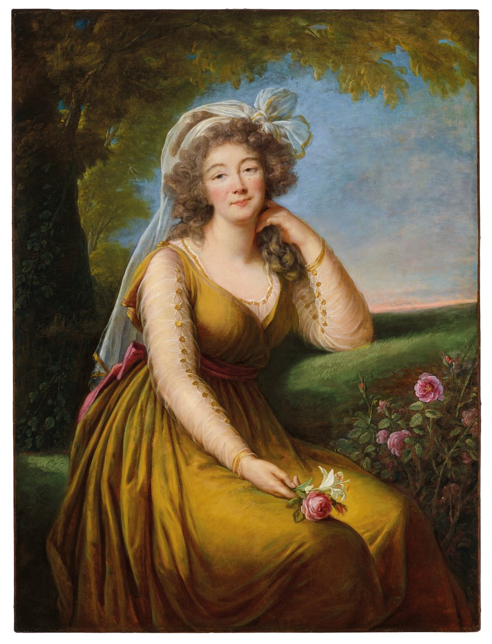 Porträtt av Madame du Barry (1743-1793), trekvartslängd, sittande i ett landskap, ca 1775-93 (olja på duk) av Elisabeth Louise Vigee Lebrun