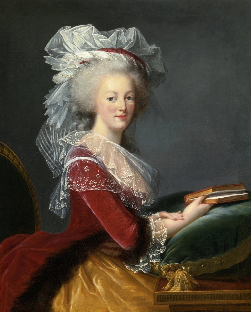 ""Porträtt av Marie Antoinette (Marie-Antoinette) av Lorraine Habsburg (1755-1793) drottning av Frankrike"" Målning av Marie Louise Elisabeth Vigee Lebrun (Vigee-Lebrun)(1755-1842) 1785 Privat samling av Elisabeth Louise Vigee Lebrun