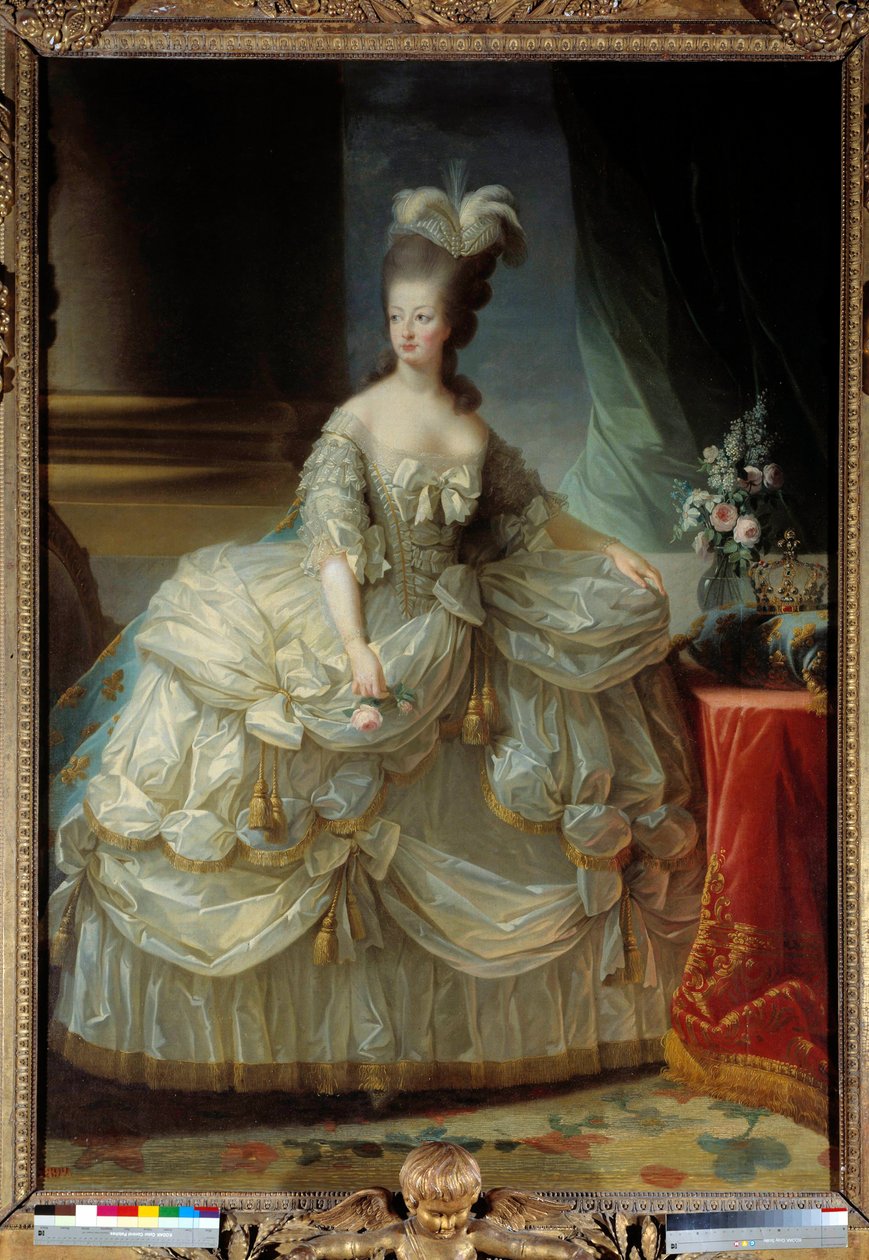 Porträtt till fots av Marie Antoinette av Lorraine Habsburg drottning av Frankrike (1755-1793) i stor hovkostym, en ros i handen Målning av Marie Elisabeth Louise Vigee Le brun (eller Vigee-Lebrun eller Vigee Lebrun) (1755-1842) 1700-tal Sol. 2,23 x 1,58 m av Elisabeth Louise Vigee Lebrun