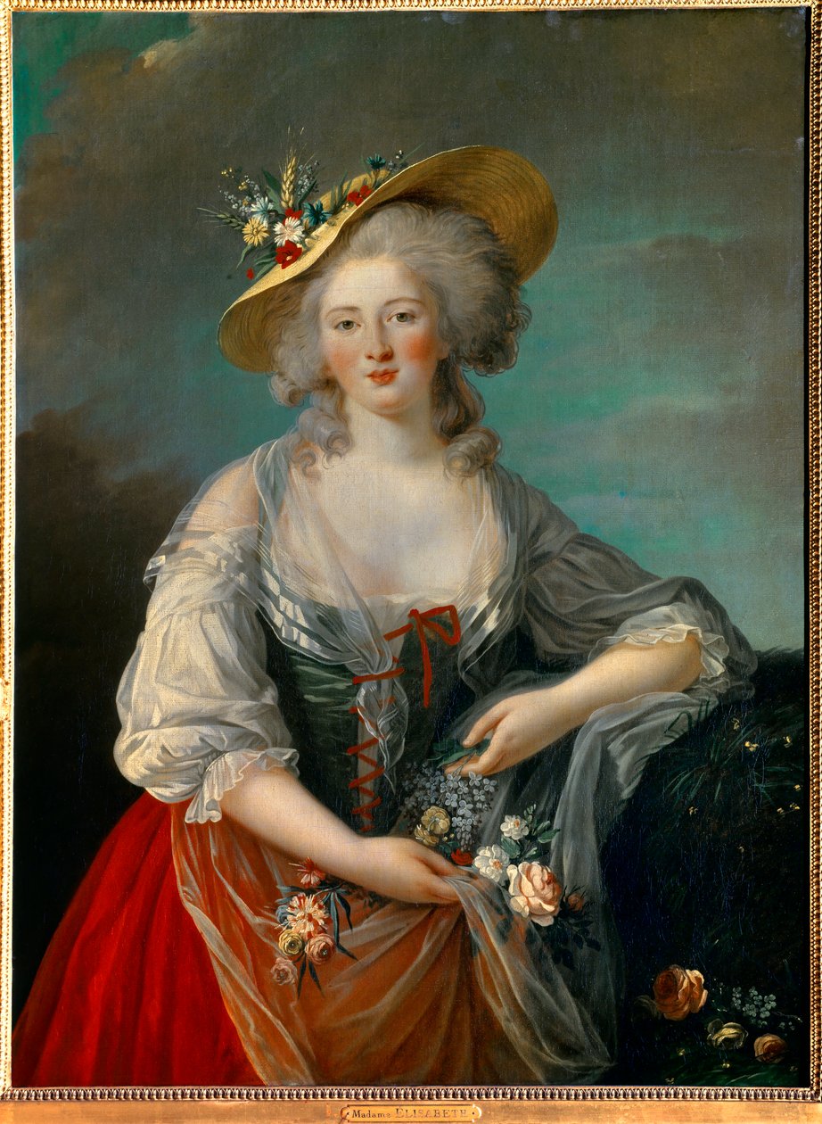 Porträtt av Elisabeth Philippine Marie Helene av Frankrike känd som Madame Elisabeth (1764-1794), syster till Ludvig XVI representerad 1782, i en landsdräkt med blommor Målning av Marie Elisabeth Louise Vigee Le brun (eller Vigee-Lebrun eller Vigee Lebru av Elisabeth Louise Vigee Lebrun
