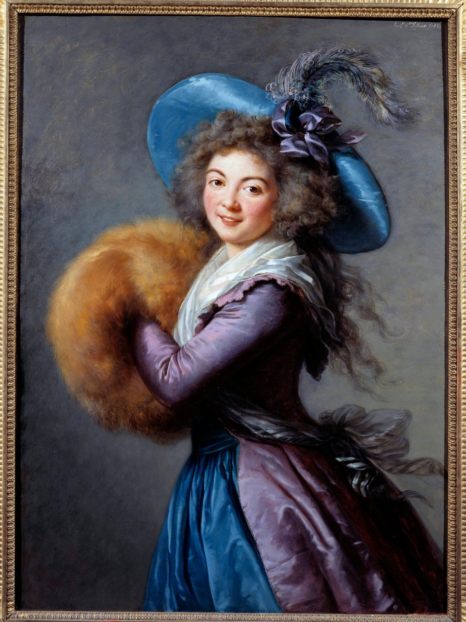 Porträtt av Madame Mole Reymond (1759-1833), skådespelerska i den italienska komedin. Hon bär en fjäderhatt och bär en ärm. Målning av Marie Elisabeth Louise Vigee Le brun (ou Vigee-Lebrun ou Vigee Lebrun) (1755-1842) 1786 Sön. 1,04x0,76 m - Porträtt o av Elisabeth Louise Vigee Lebrun