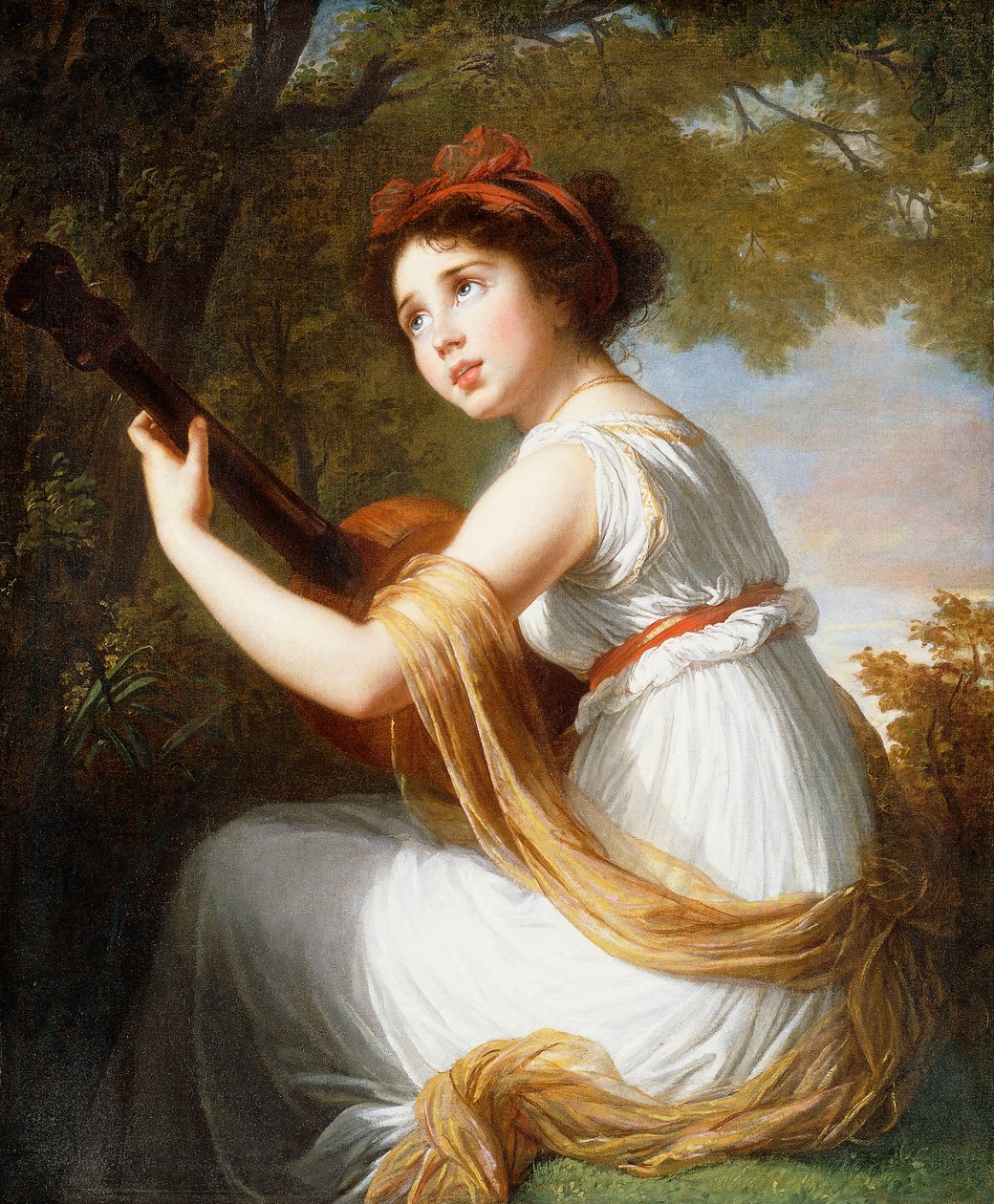 Porträtt av konstnärens dotter, sittande tre fjärdedels längd, spelar en gitarr, ca 1797 av Elisabeth Louise Vigee Lebrun