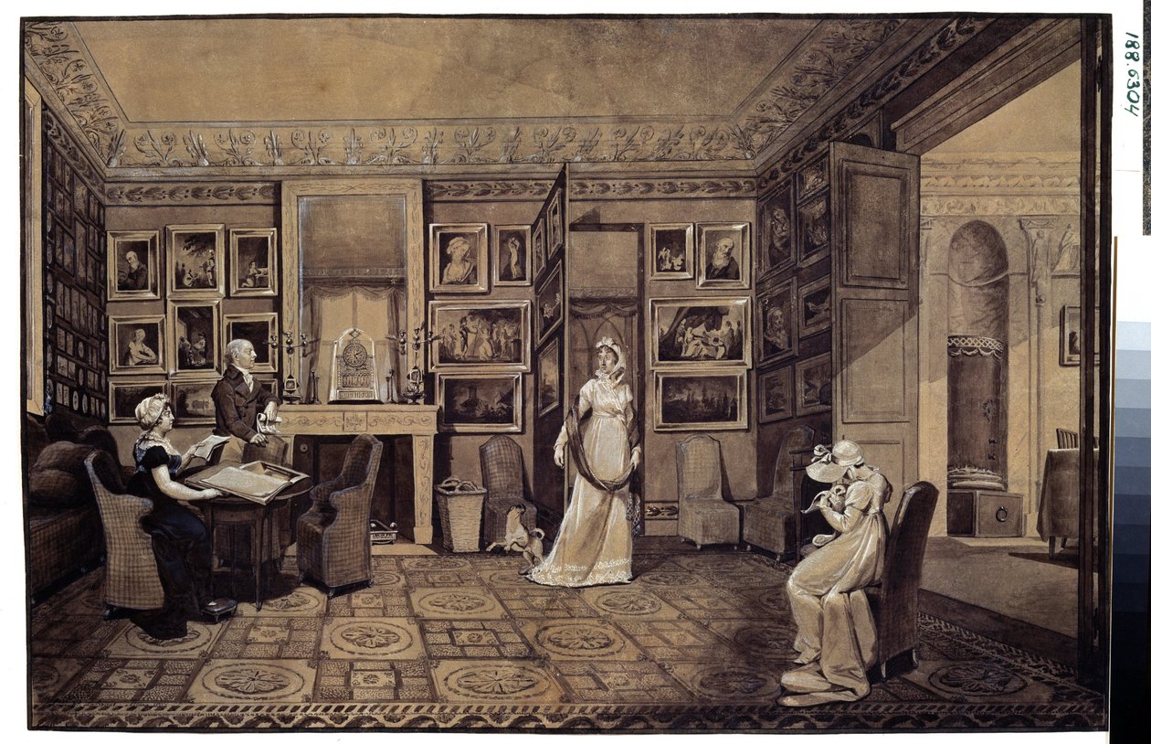 Salongen i Prins Ivan Ivanowitch Baryatinsky-huset (1772-1825) i Altona (Salen i Baryatinsky-huset i Altona). Teckning av Marie Louise Elisabeth Vigee-Lebrun (Vigee Lebrun) (1755-1842) av Elisabeth Louise Vigee Lebrun