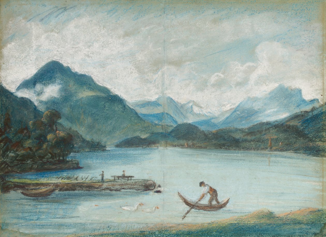 Utsikt över Genèvesjön med en man som ror en liten båt och två svanar av Elisabeth Louise Vigee Lebrun