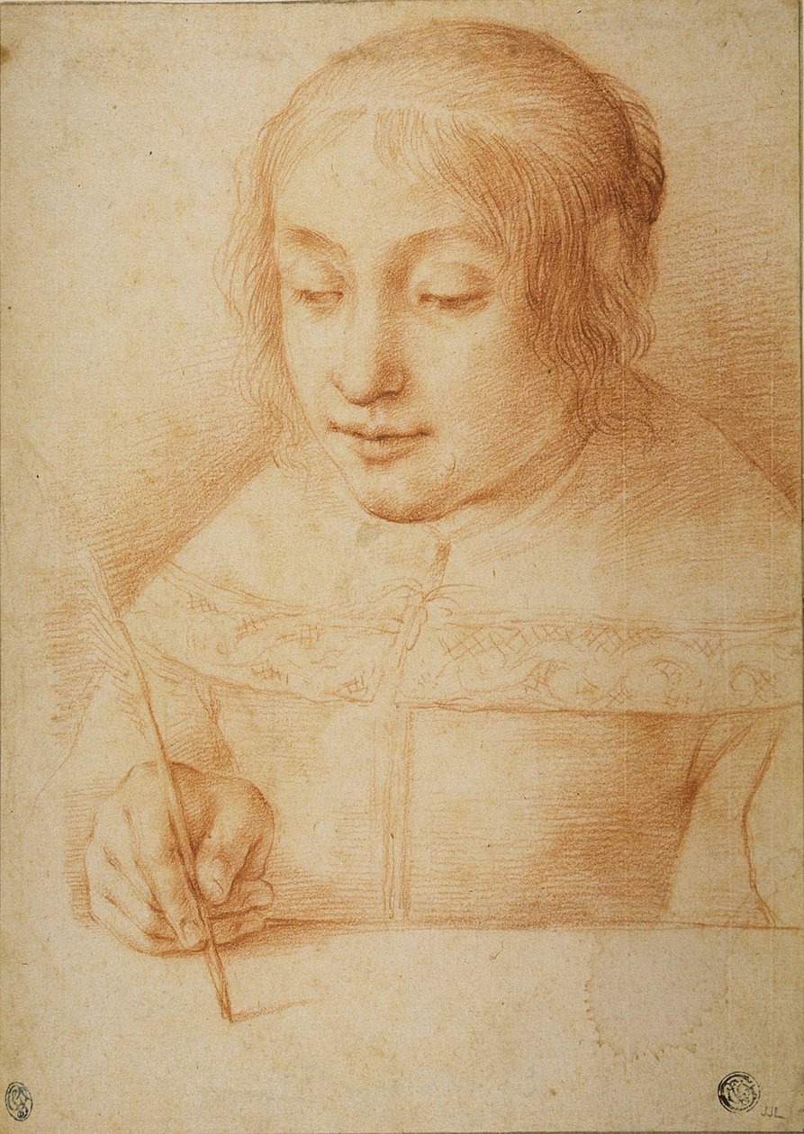 Ung kvinna som skriver eller ritar av Elisabetta Sirani