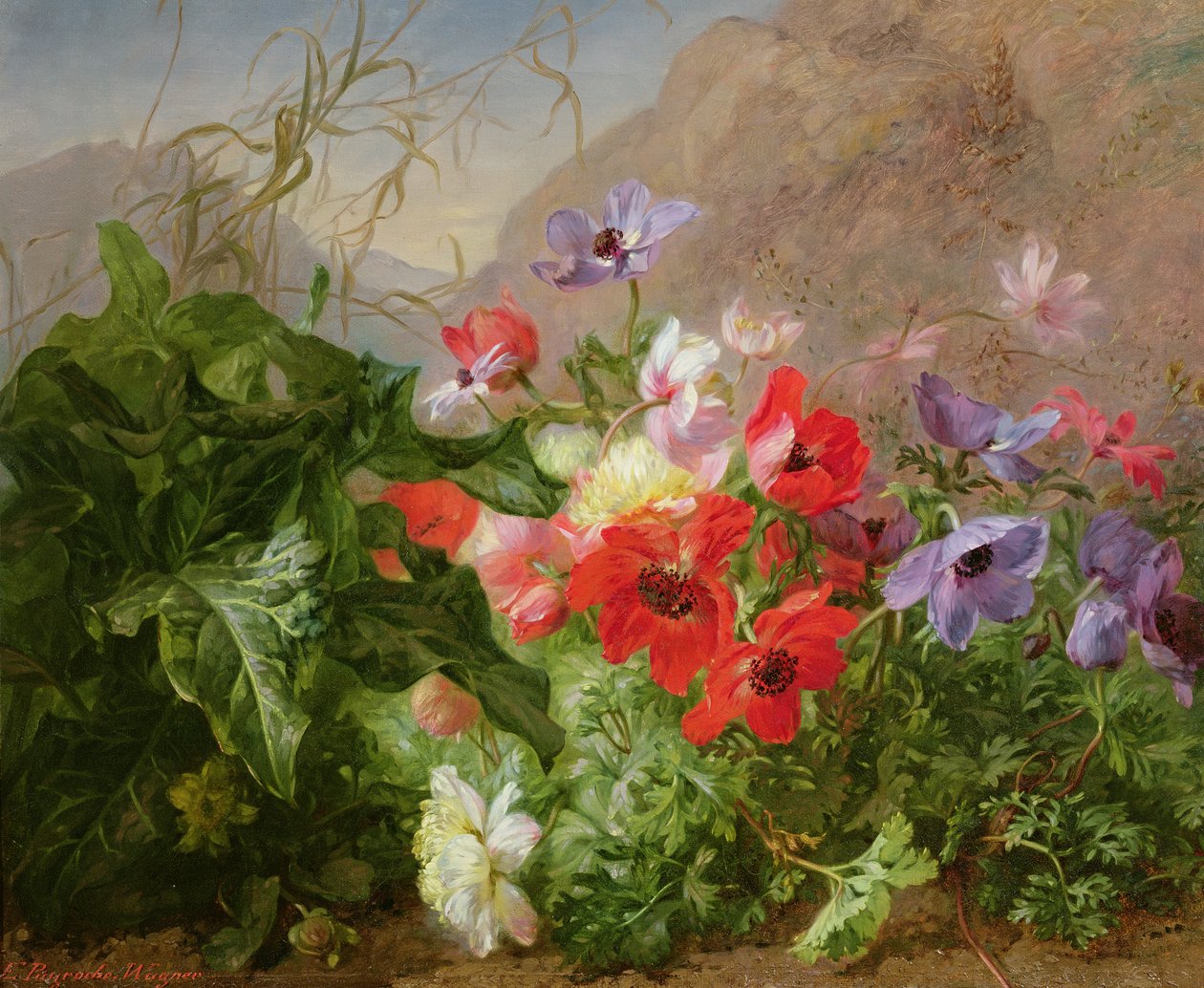Stilleben med anemoner i undervegetation av Elise Puyroche Wagner