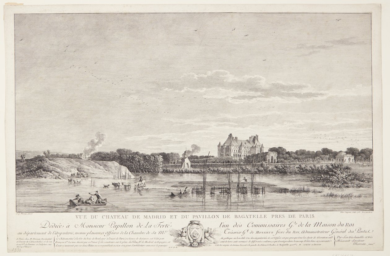 Utsikt över Château de Madrid och Pavillon de Bagatelle (Vue du Chateau de Madrid et du Pavillon de Bagatelle pres de Paris) av Elise Saugrain