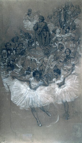 Ballet dancers and Beethoven - Cartoon for the transfer of the grand drape of the Municipal Theater of Rio de Janeiro av Eliseu Visconti