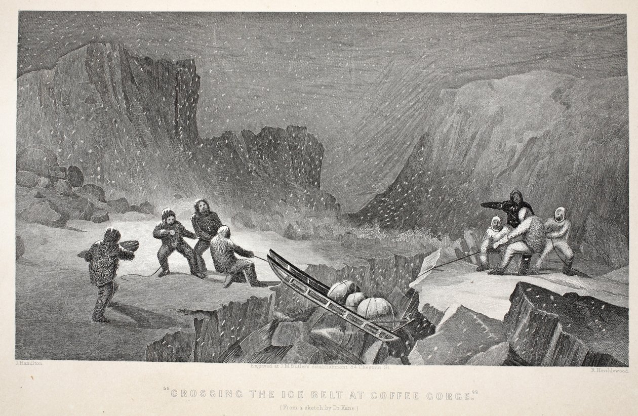 Crossing the Ice Belt at Coffee Gorge, illustration från "The second Grinnell Expedition in Search of Sir John Franklin...", 1856 av Elisha Kane