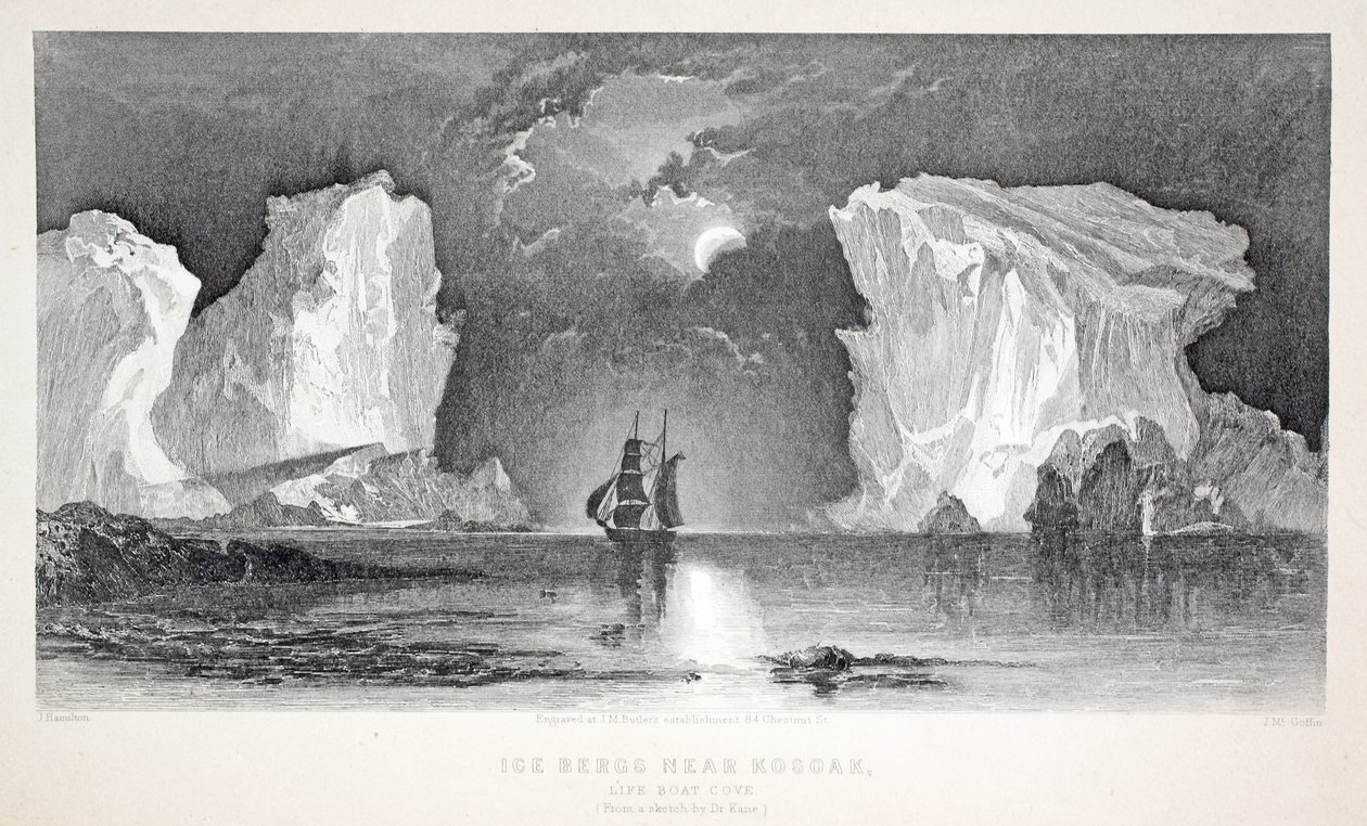 Isberg nära Kosoak, Life Boat Cove, illustration från "The second Grinnell Expedition in Search of Sir John Franklin...", 1856 av Elisha Kane