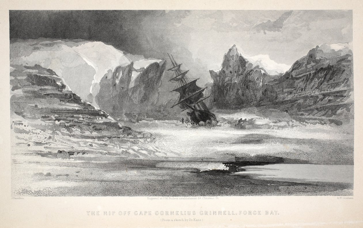 Nip utanför Cape Cornelius Grinnell, Force Bay, illustration från "The second Grinnell Expedition in Search of Sir John Franklin...", 1856. av Elisha Kane