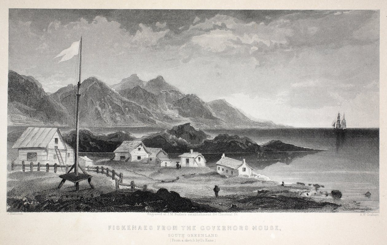 Fiskenaes från guvernörens hus, illustration från "The second Grinnell Expedition in Search of Sir John Franklin...", 1856 av Elisha Kane