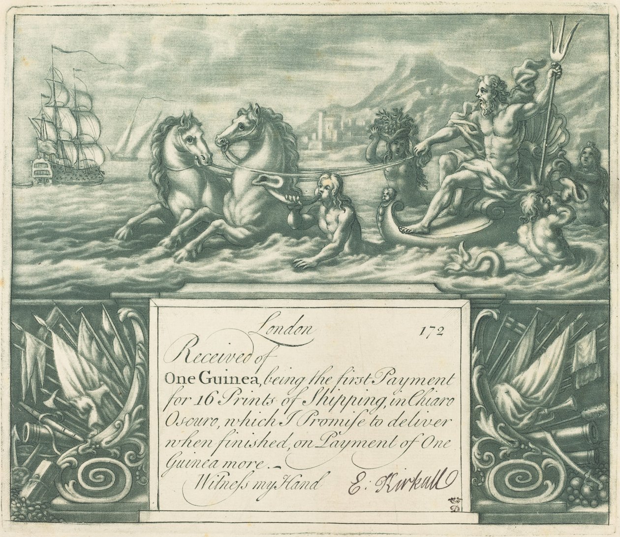 Prenumerationskvitto (Neptune och Juno) av Elisha Kirkall, after George Vertue, after Louis Chéron
