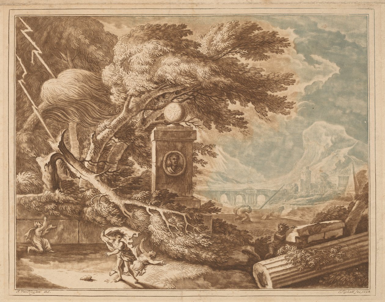 Heroiskt stormigt landskap av Elisha Kirkall, after Jan van Huysum