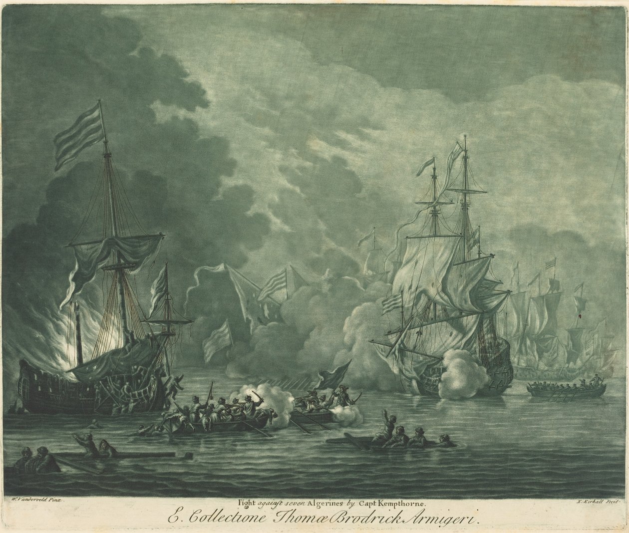 Slåss mot de sju algerinerna av Elisha Kirkall after Willem van de Velde the Elder