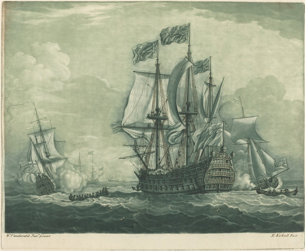 Fraktscen med Man-of-War av Elisha Kirkall after Willem van de Velde the Younger