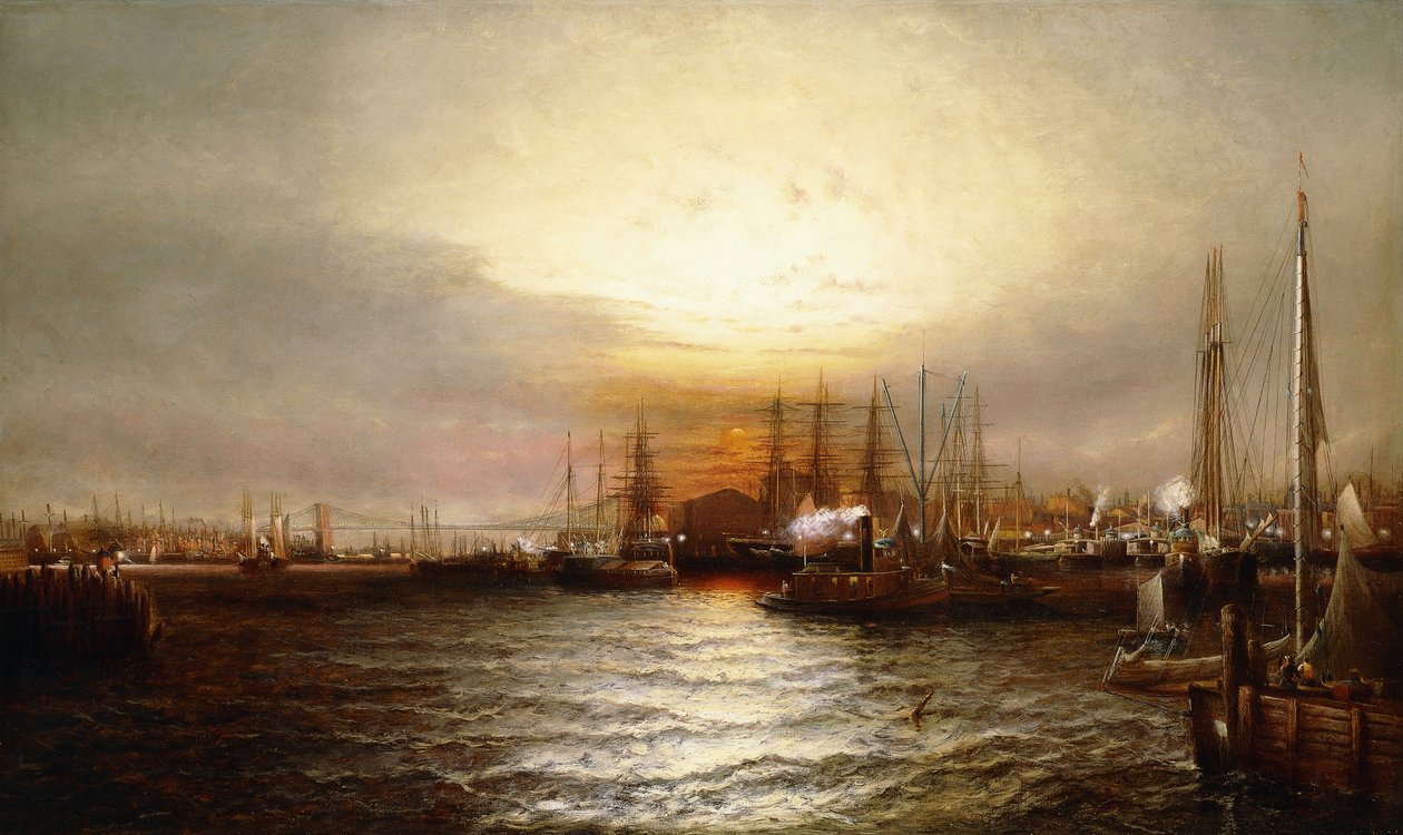 Soluppgång från Chapman Dock och Old Brooklyn Navy Yard, East River, New York av Elisha Taylor Baker