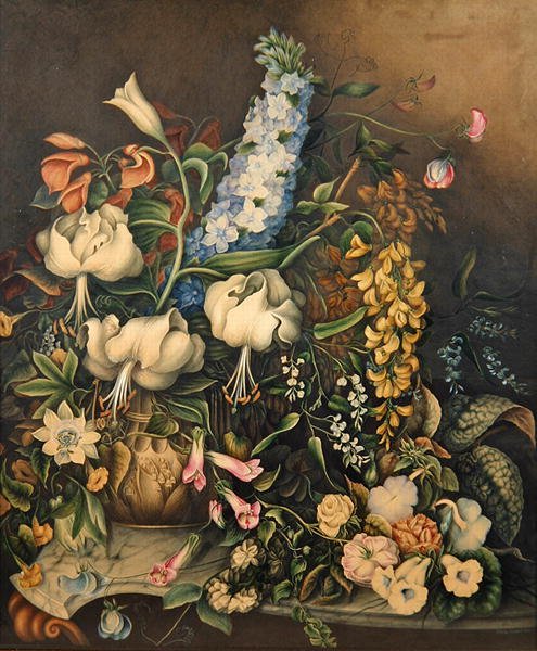Blommor i en vas på ett konsolbord med marmorskiva av Eliza F. Daniel