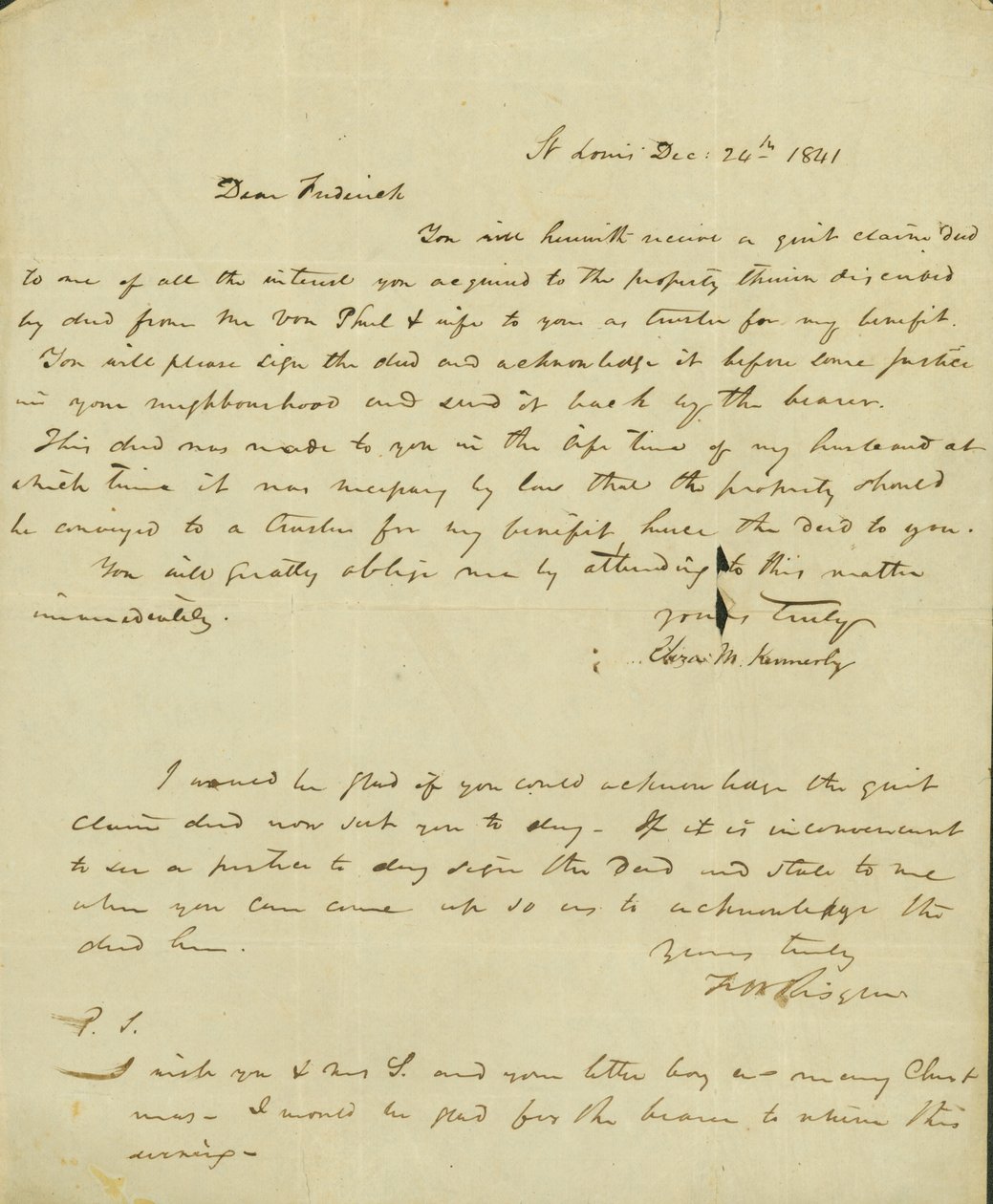 Letter to Frederick Saugrain from Eliza Kennerly, December 24, 1841 av Eliza Kennerly