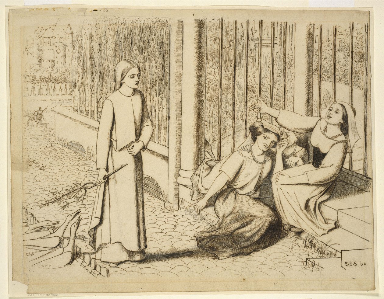 Pippa Passes, 1854 (penna och brunt bläck på benvitt papper) av Elizabeth Eleanor Siddal