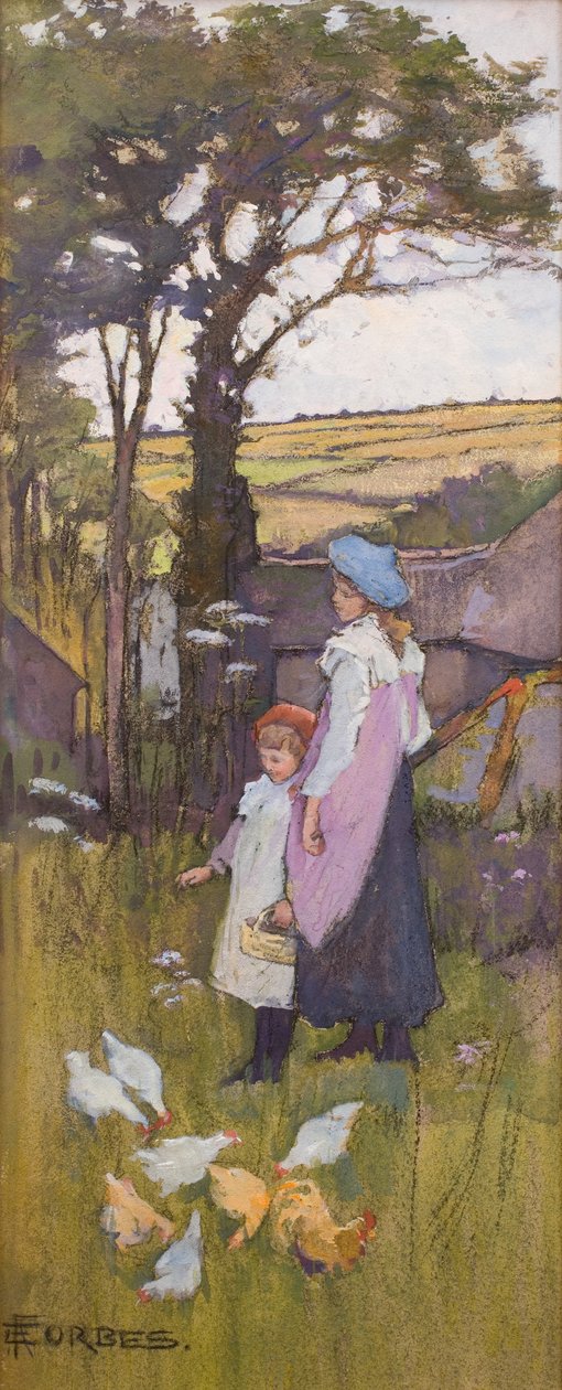 Feeding the Chickens (Pastell och akvarell på kartong) av Elizabeth Adela Stanhope Forbes