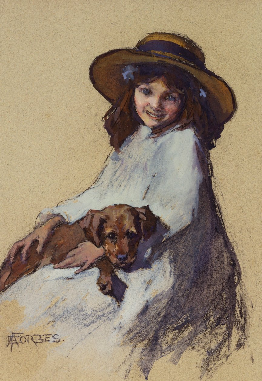 Ung flicka med sin valp av Elizabeth Adela Stanhope Forbes