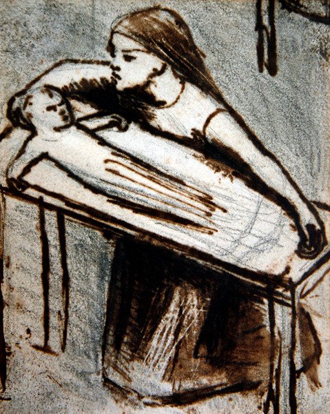 Knästående flicka med baby (penna och bläck på papper) av Elizabeth Eleanor Siddal