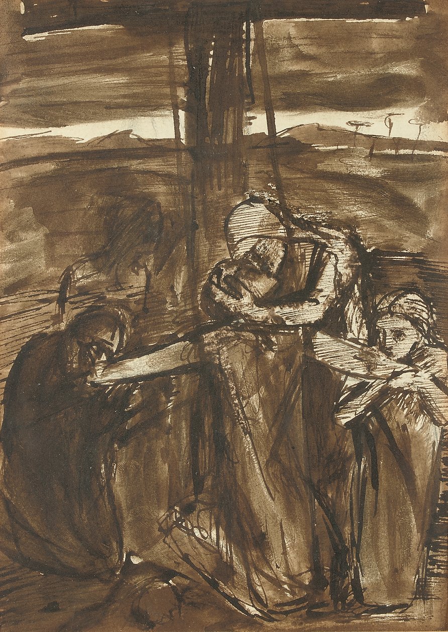 Nedtagningen från korset, ca 1834-62 (penna, svart bläck och brun lavering på papper) av Elizabeth Eleanor (1834 62) Siddal