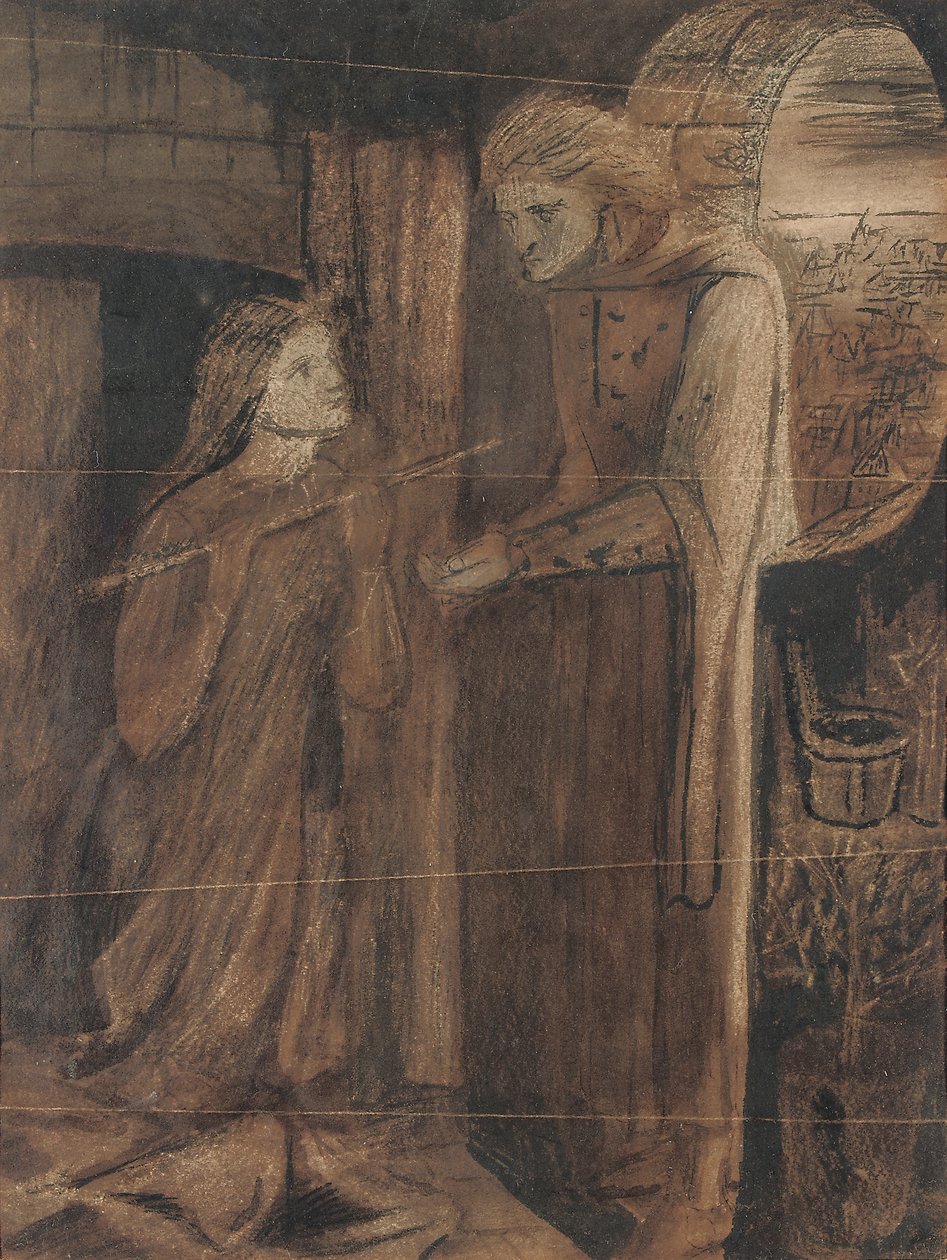 Clerk Saunders (akvarell med gummi arabicum och skrapa ut, på papper) av Elizabeth Eleanor Siddal