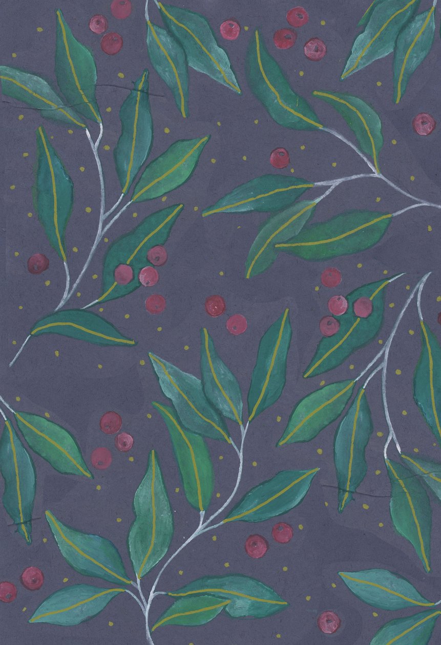 Green Leaves with Berries, 2017 (akvarell och akryl) av Elizabeth Rider