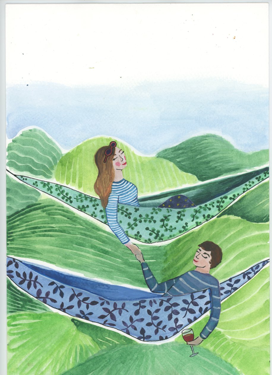 Hanging Out, 2018 (akvarell och collage) av Elizabeth Rider
