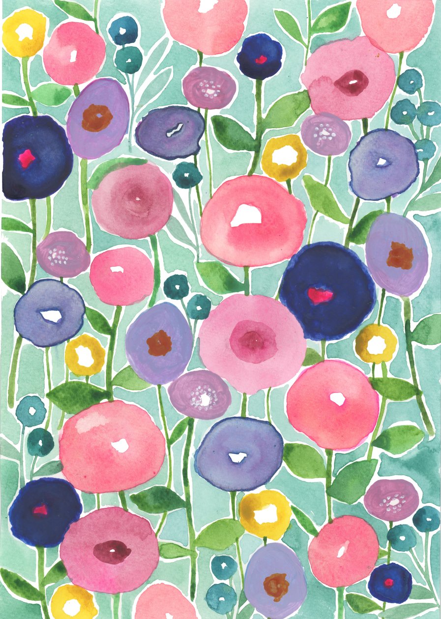 Poppies in Bloom på vattenfärgad bakgrund, 2018 (akvarell) av Elizabeth Rider