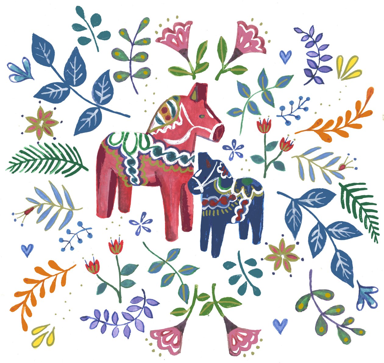 Swedish Dala Horse, 2018 (akvarell och akryl) av Elizabeth Rider