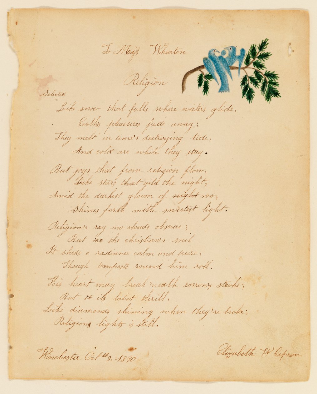 Till Miss Wheaton, Religion, 1830. av Elizabeth W. Capron