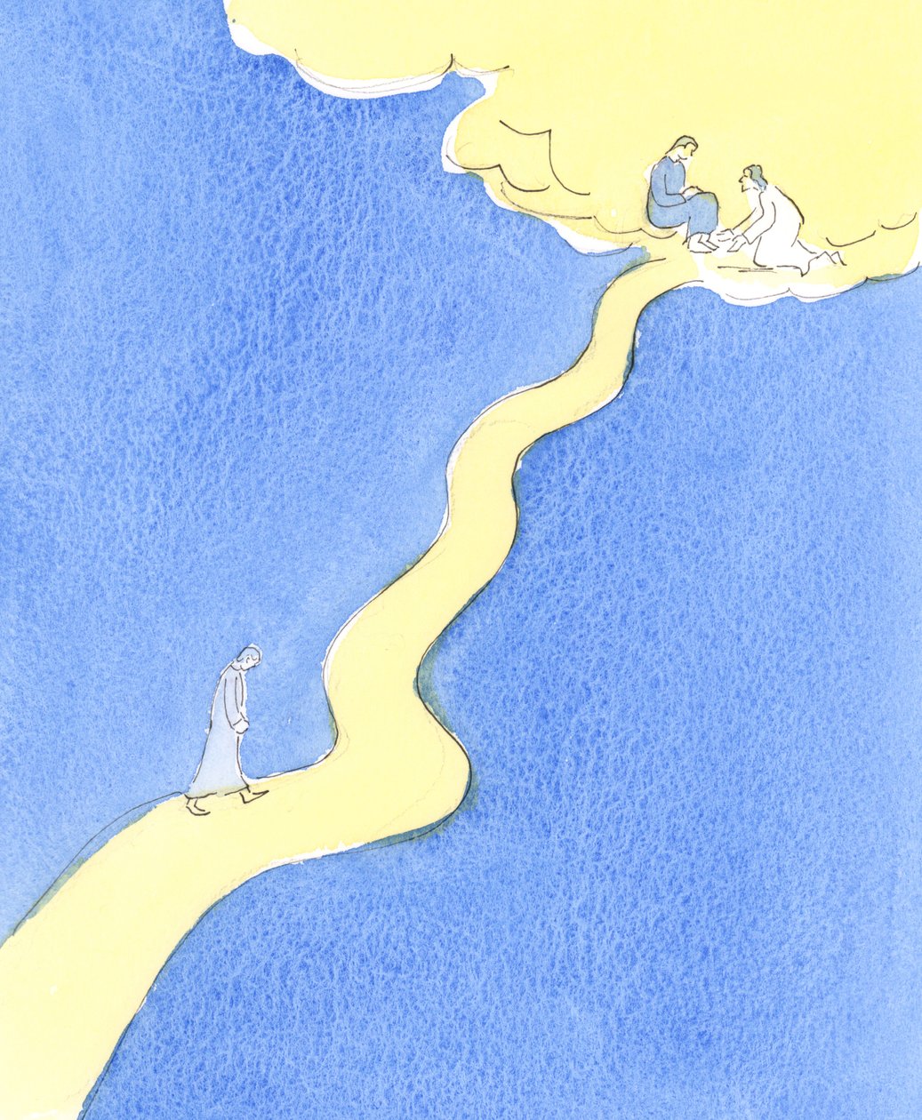 En person som av kärlek till Gud älskar och tjänar sin nästa, går en hård väg mot himlen, med branta stigningar, 2004 (w/c på papper) av Elizabeth Wang