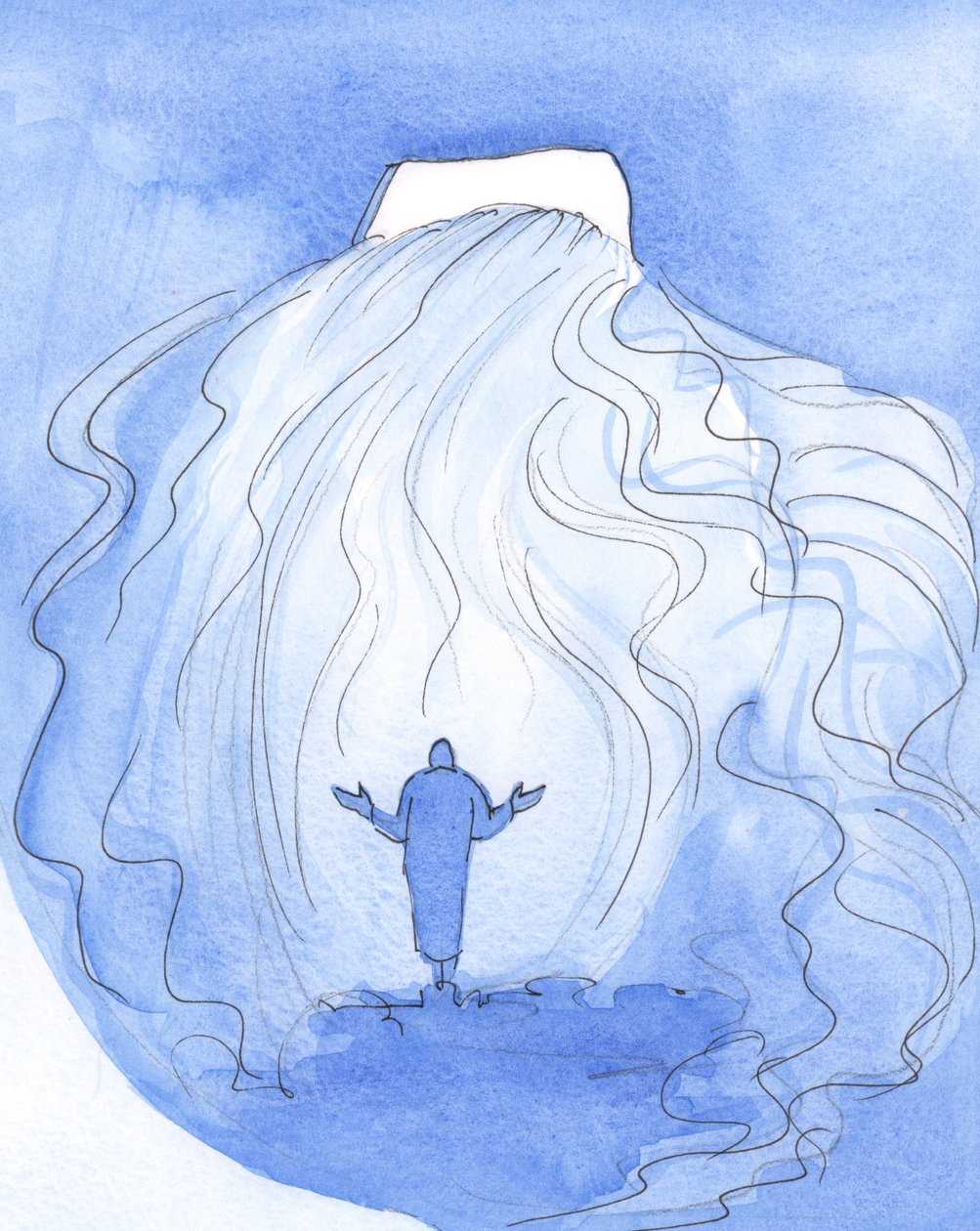En själ kan hälsa Kristus, i nattvarden, genom att säga: "Kasta ditt ljus inombords och gå in (med ditt utgjutande av nåd)", 2001 (w/c på papper) av Elizabeth Wang