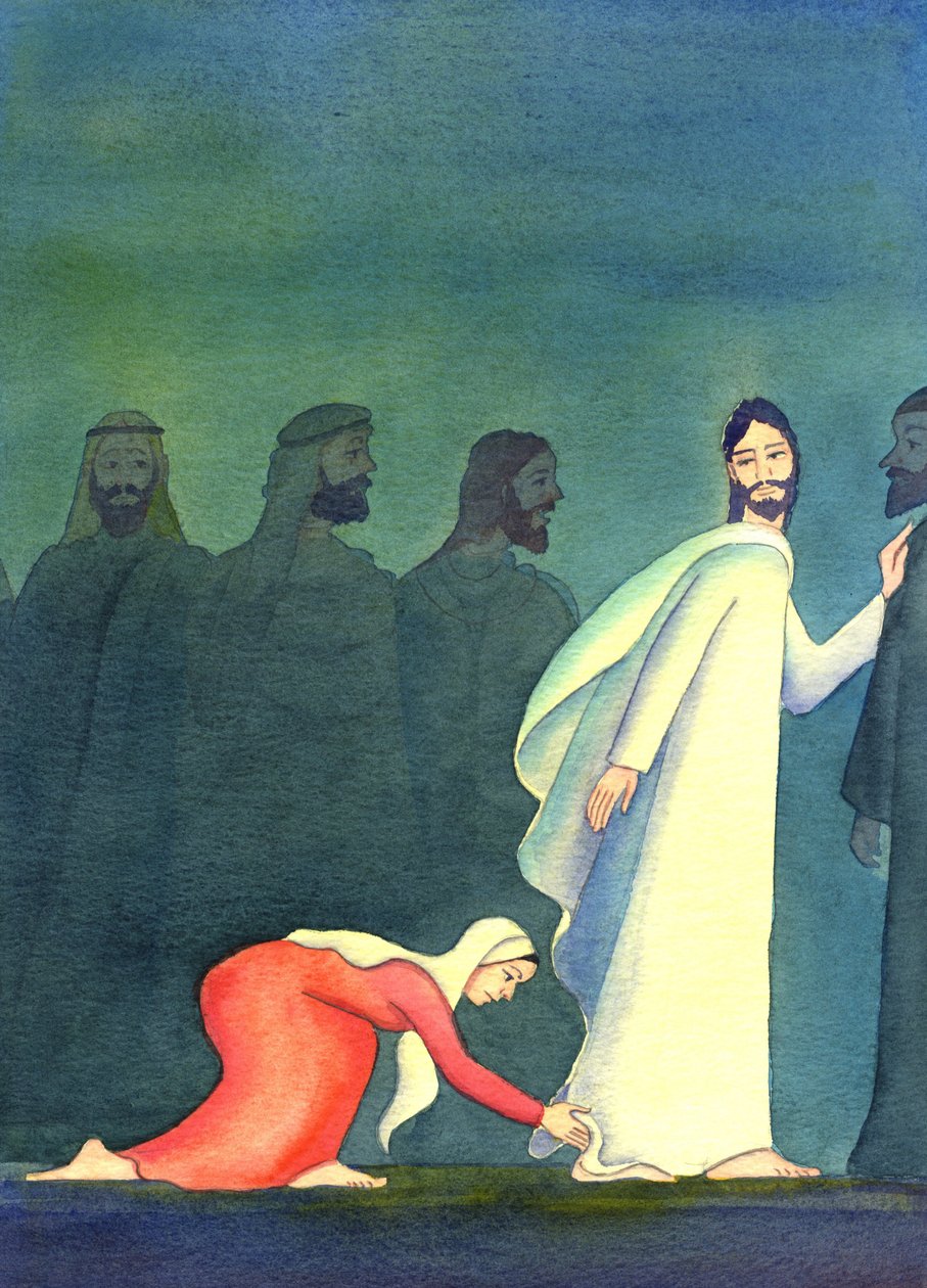 En kvinna tänkte för sig själv, "Om jag bara kan röra vid fållen på hans plagg, blir jag helad", 2001 (w/c på papper) av Elizabeth Wang