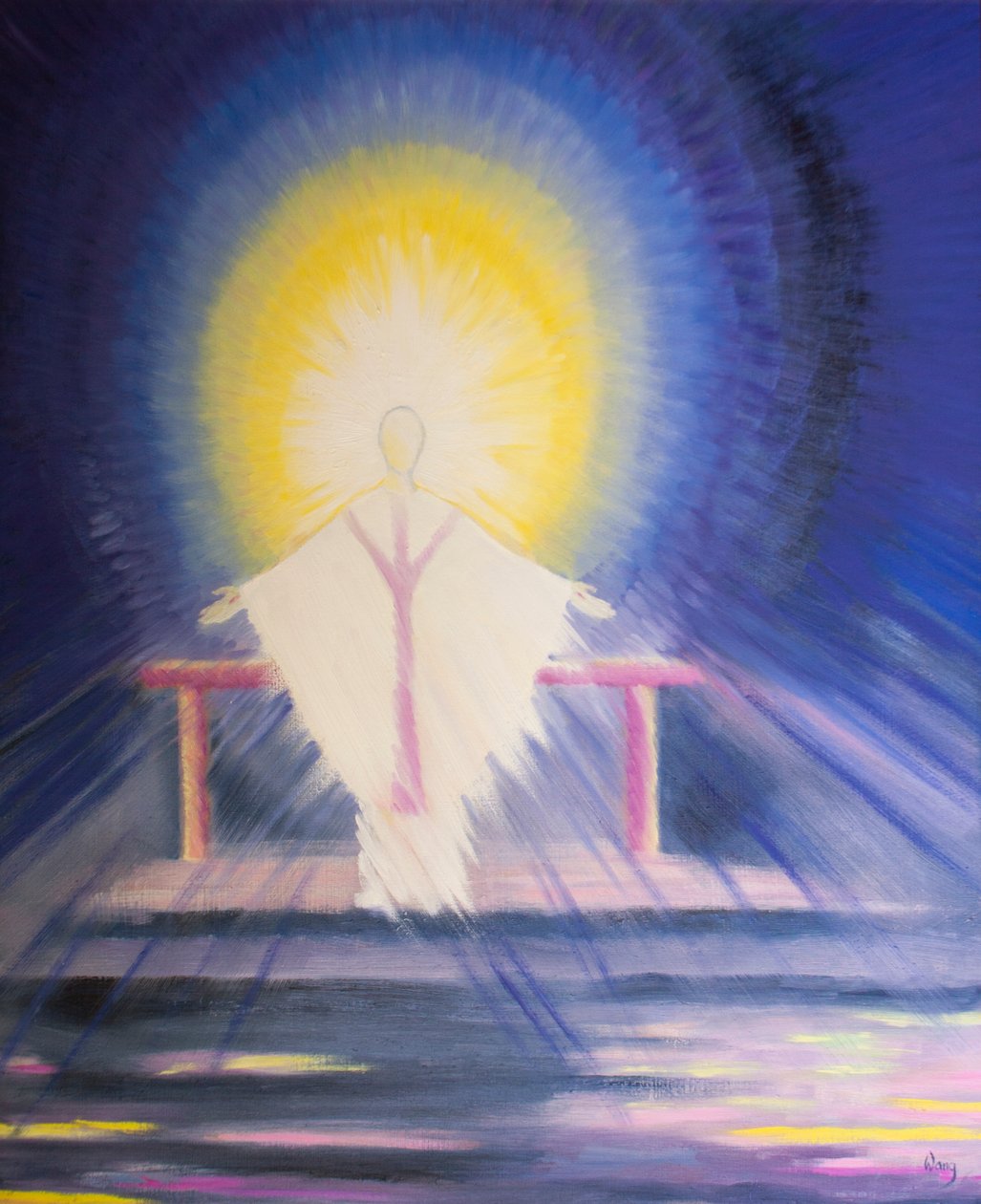 Efter invigningen vid mässan är Jesus Kristus, sann Gud och sann människa, närvarande hos oss i all sin härlighet, 2000 (olja ombord) av Elizabeth Wang