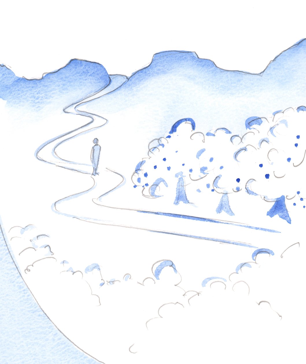 Mitt bland det andliga livets höga bergstoppar finns en bördig dal: Guds trädgård. "This is Eden", 2002 (w/c på papper) av Elizabeth Wang