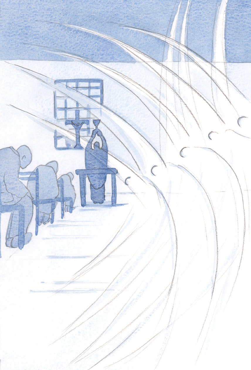 Änglar böjer sig i vördnad inför Kristus, vår kung, när hans dyrbara blod görs närvarande på våra altare, 2000 (w/c på papper) av Elizabeth Wang