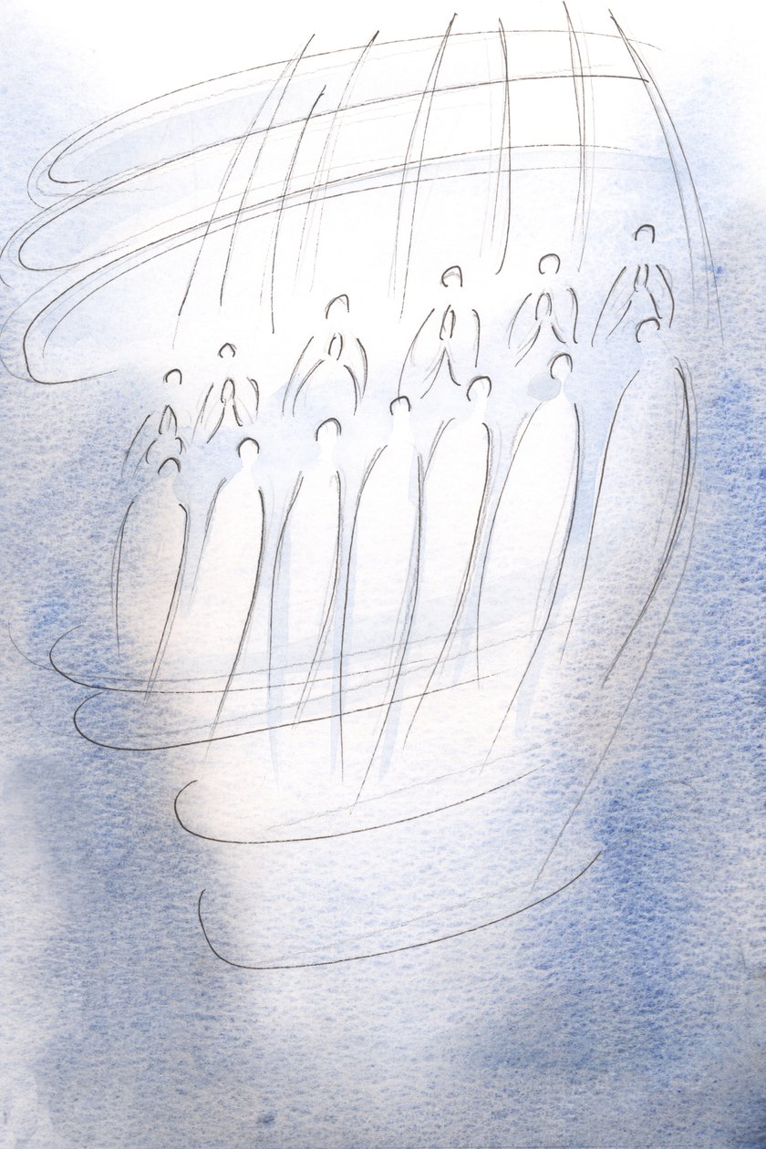Änglar omringade helgedomen och bad under himlens ljus., 2001 (w/c på papper) av Elizabeth Wang