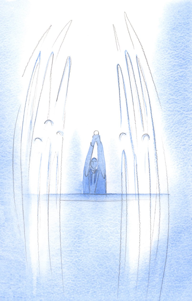 Änglar omger Kristus när han visar sig, gömd i Värden, bland oss; varje troshandling vi erbjuder drar oss närmare himlen, 2002 (w/c på papper) av Elizabeth Wang