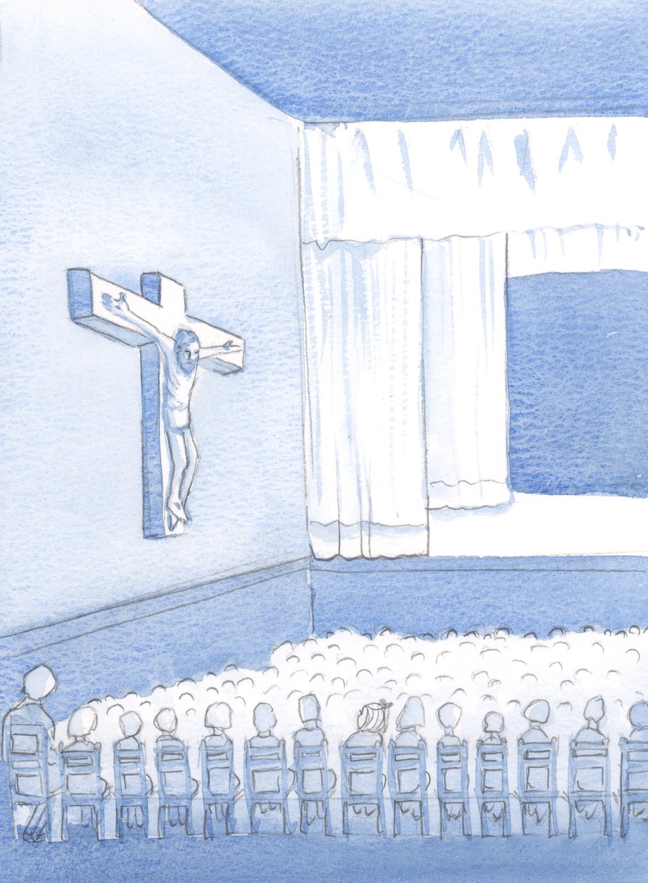 Som ett icke-katolskt barn i en katolsk skola brukade jag titta på figuren på korset och undrade vem han var och varför han var där, 2000 (w/c på papper) av Elizabeth Wang