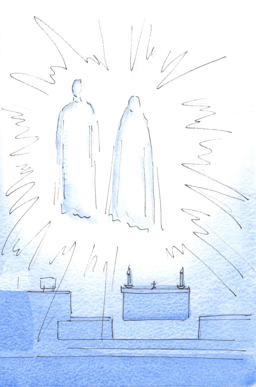 Så fort jag hälsade Kristus vid tabernaklet såg jag honom dyka upp högt i helgedomen, med sin mor, för ett jubileumsbesök, 2003 (w/c på papper) av Elizabeth Wang